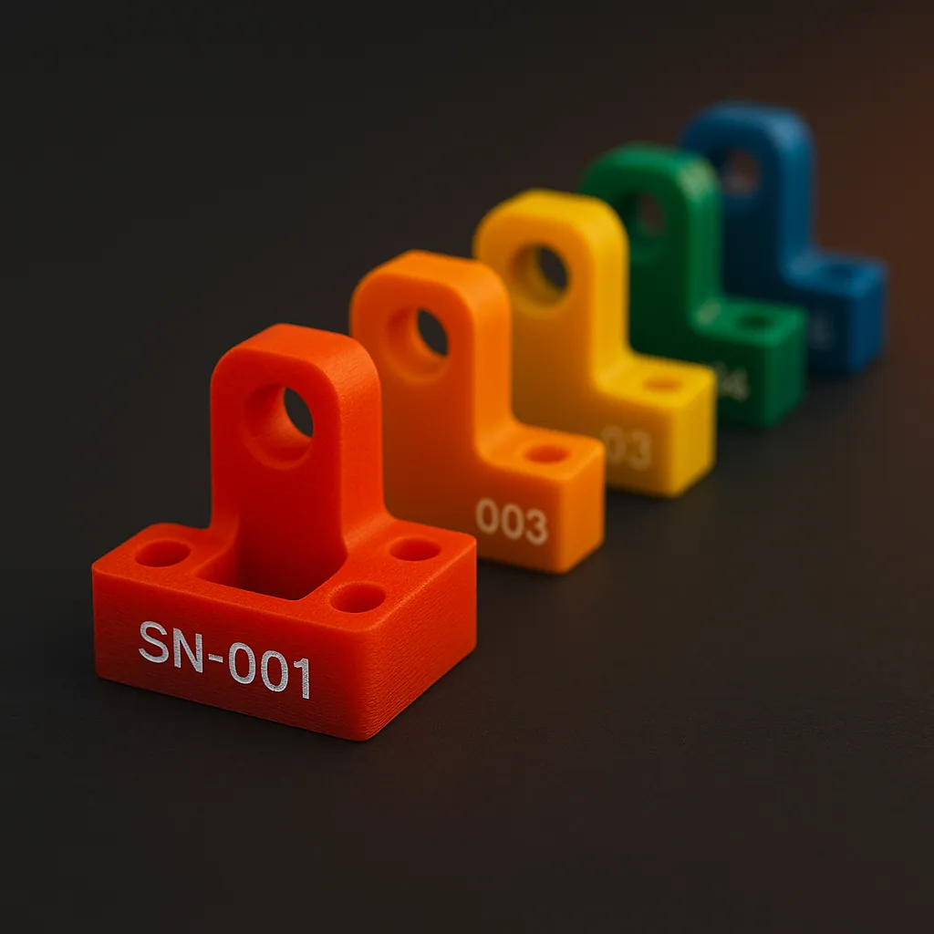 A batch of 3D-printed parts in assorted colors, each laser-marked with an incremental serial number