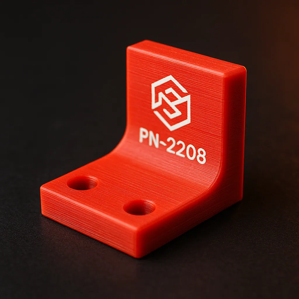 Red 3D-printed bracket laser-marked with a logo and part number PN-2208