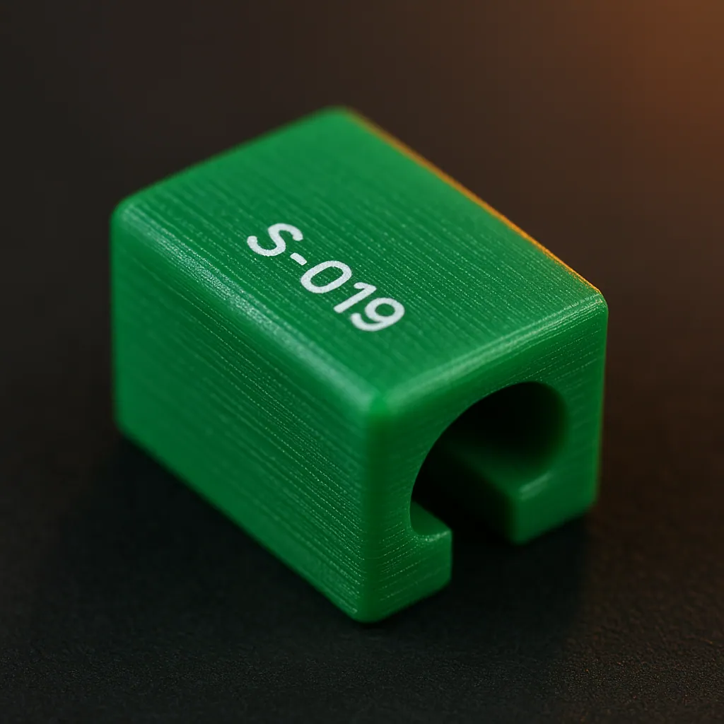 Green 3D-printed cable clip laser-marked with serial S-019