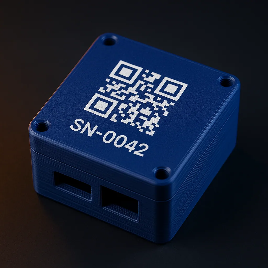 Cobalt-blue 3D-printed enclosure laser-marked with a QR code and serial SN-0042