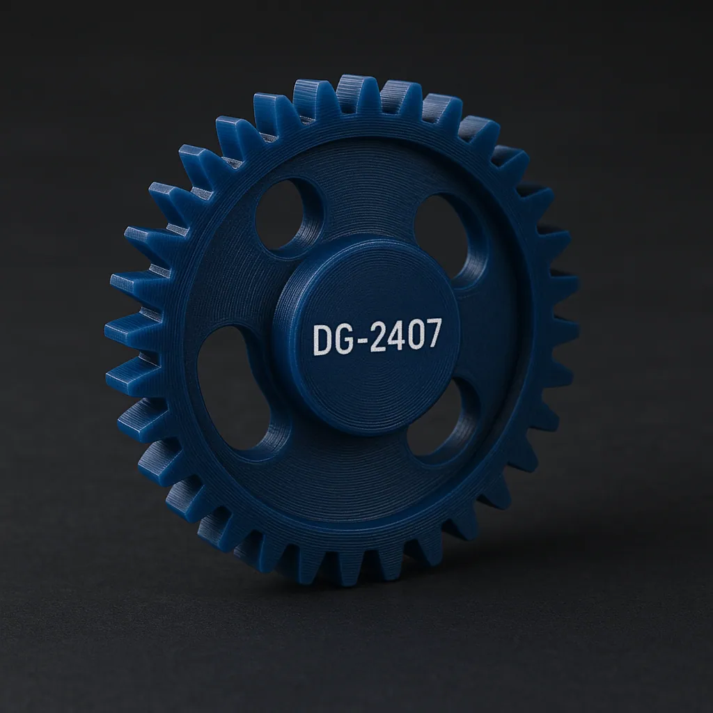 Blue ABS 3D-printed drive gear laser-marked with part number DG-2407
