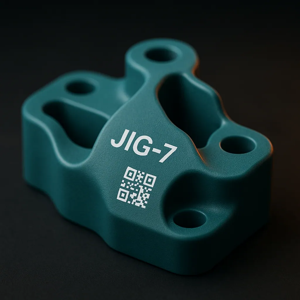 Teal 3D-printed jig laser-marked with part ID JIG-7 and a QR code