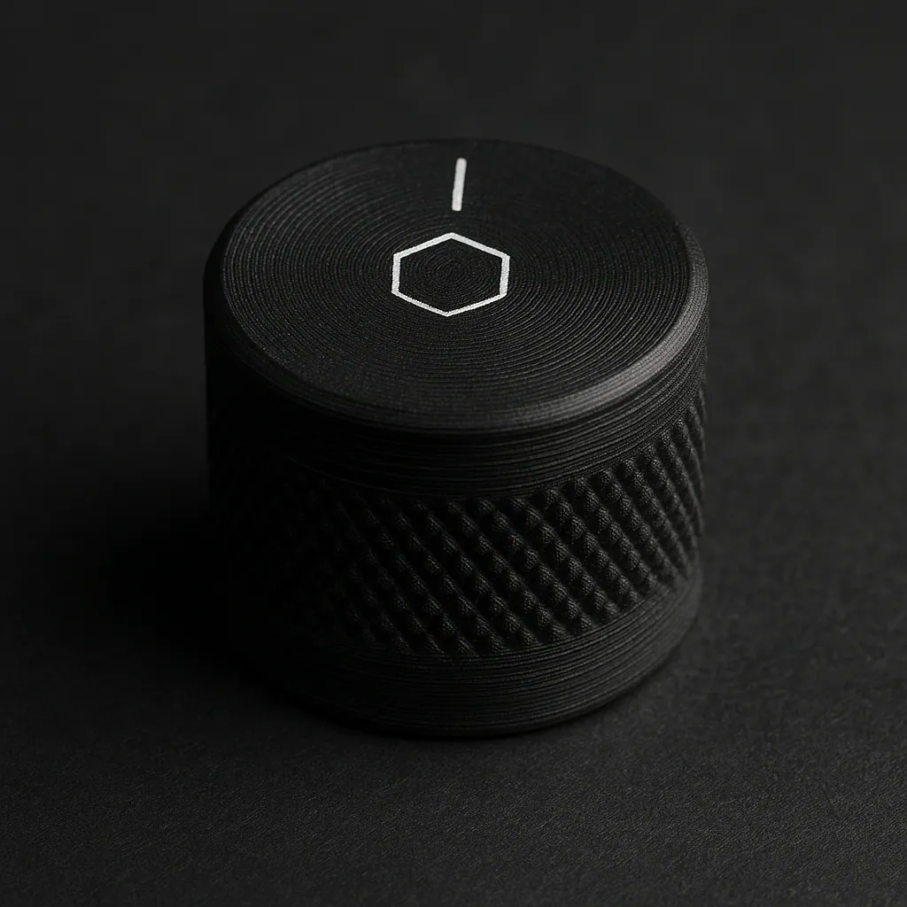 Black PETG 3D-printed knurled control knob laser-marked with a logo and index line