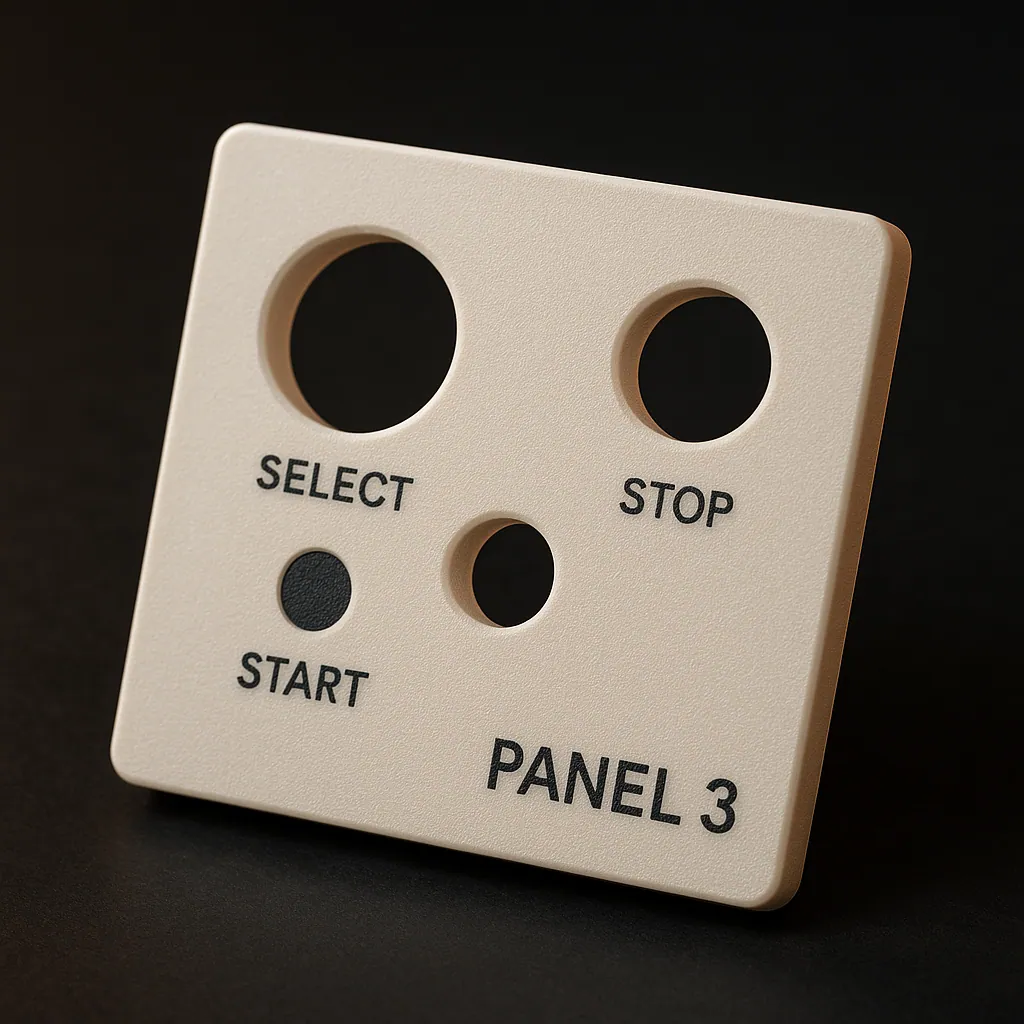 Off-white 3D-printed control panel laser-marked with dark labels and icons