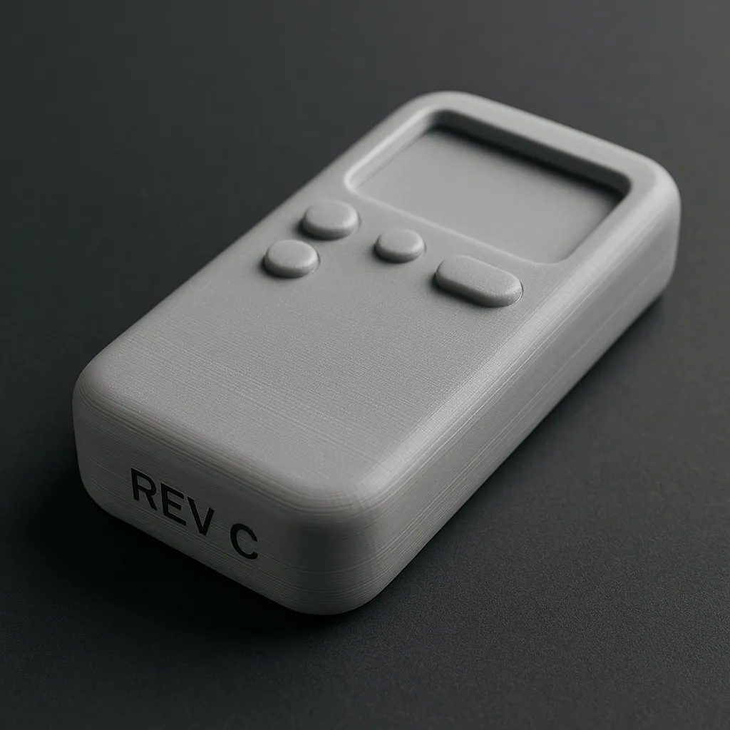 Light grey PLA 3D-printed product design prototype laser-marked with revision code REV C