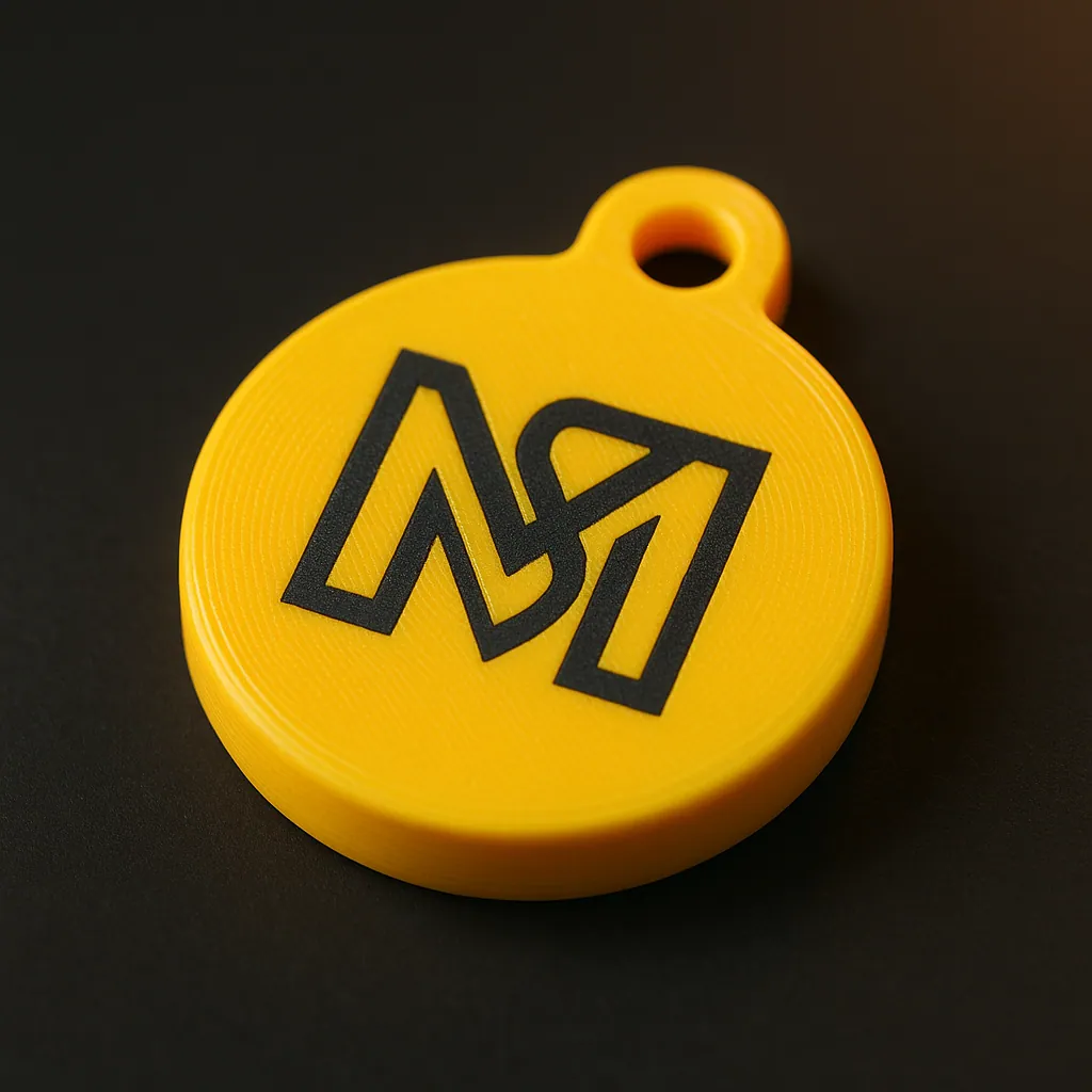 Yellow round 3D-printed tag laser-marked with a company logo