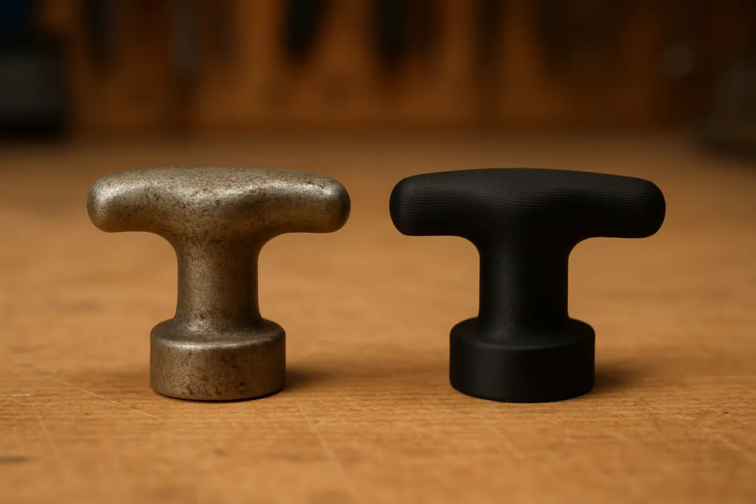 A vintage metallic part next to its freshly 3D-printed plastic copy on a wooden workshop bench