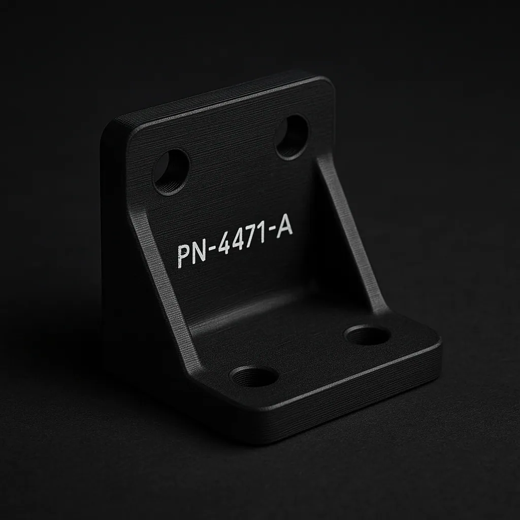 A matte-black ABS 3D-printed mounting bracket laser-marked with the part number PN-4471-A