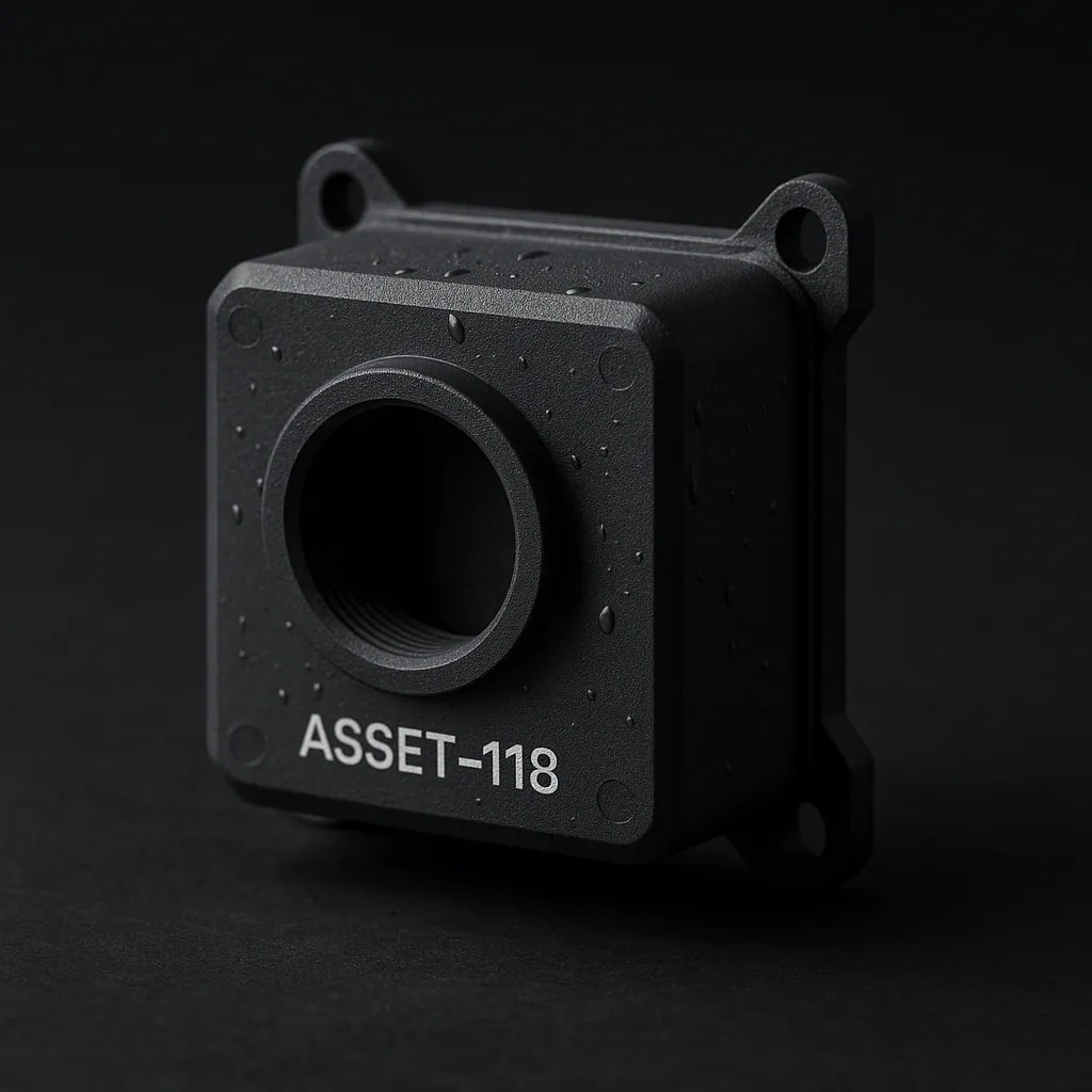 A matte-grey ASA 3D-printed weatherproof enclosure laser-marked with the ID ASSET-118