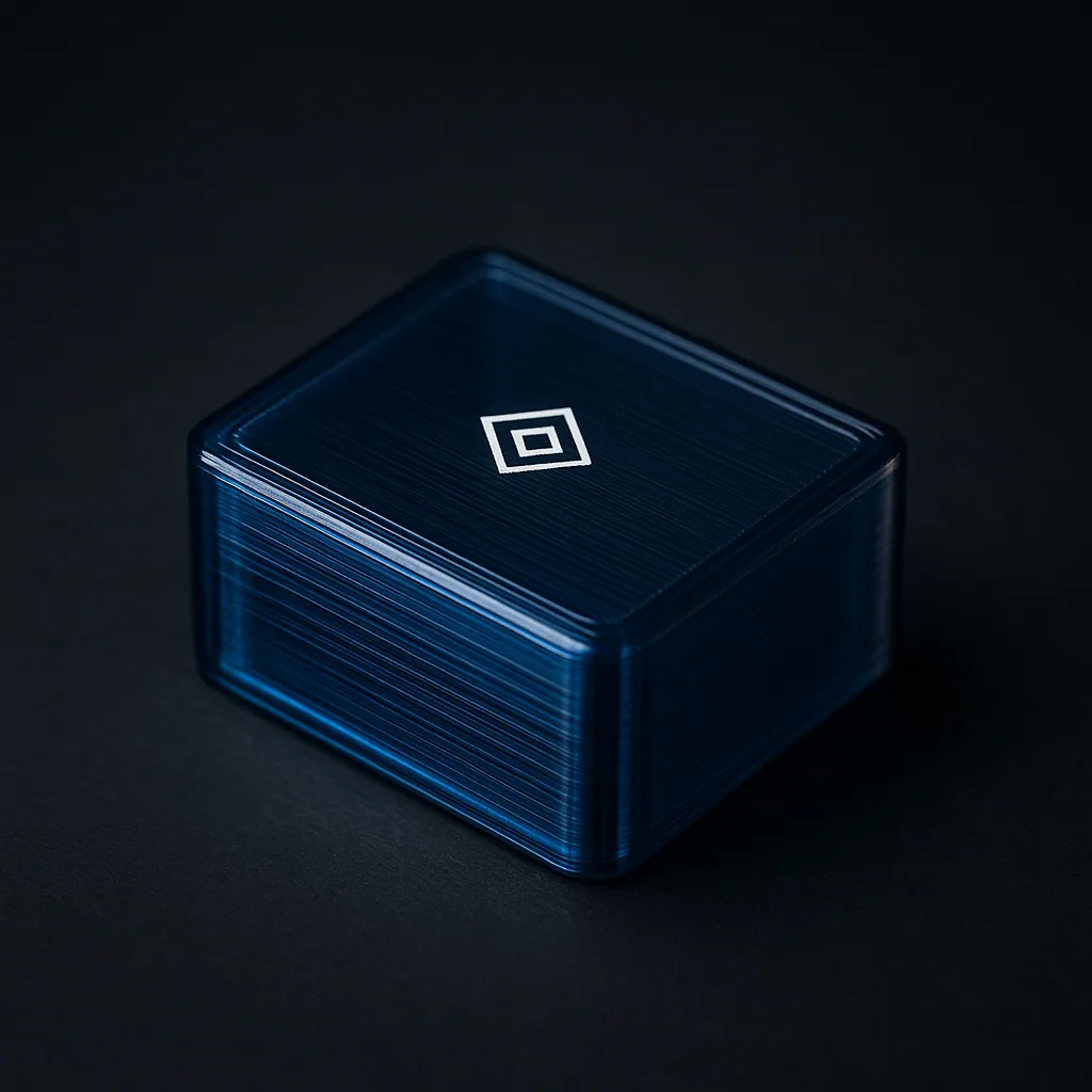 A blue PETG 3D-printed project enclosure laser-marked with a company logo