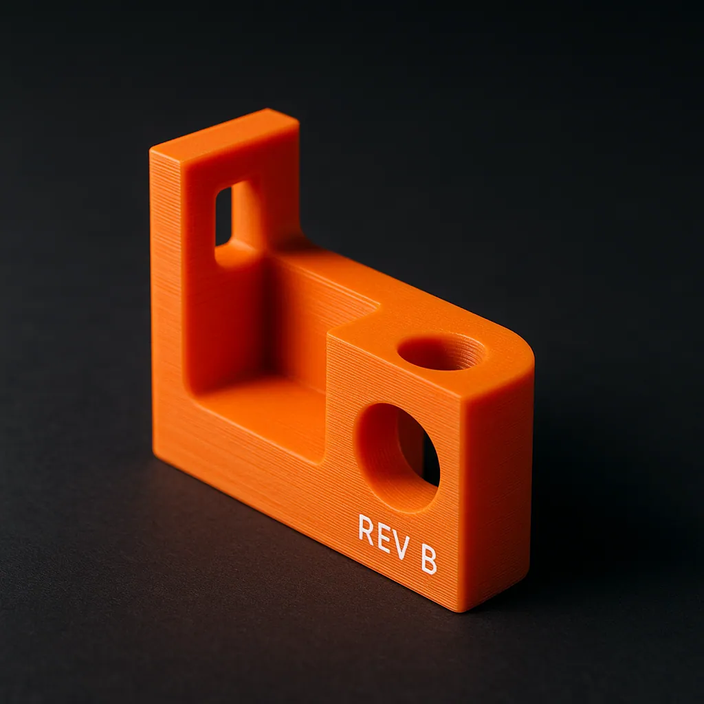 An orange PLA 3D-printed prototype part laser-marked REV B