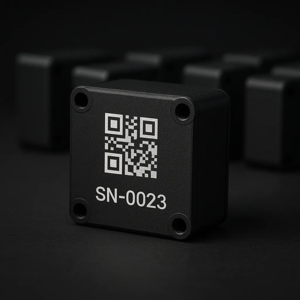 A matte-black 3D-printed enclosure permanently laser-marked with a QR code and the serial number SN-0023, with a serialized batch behind it